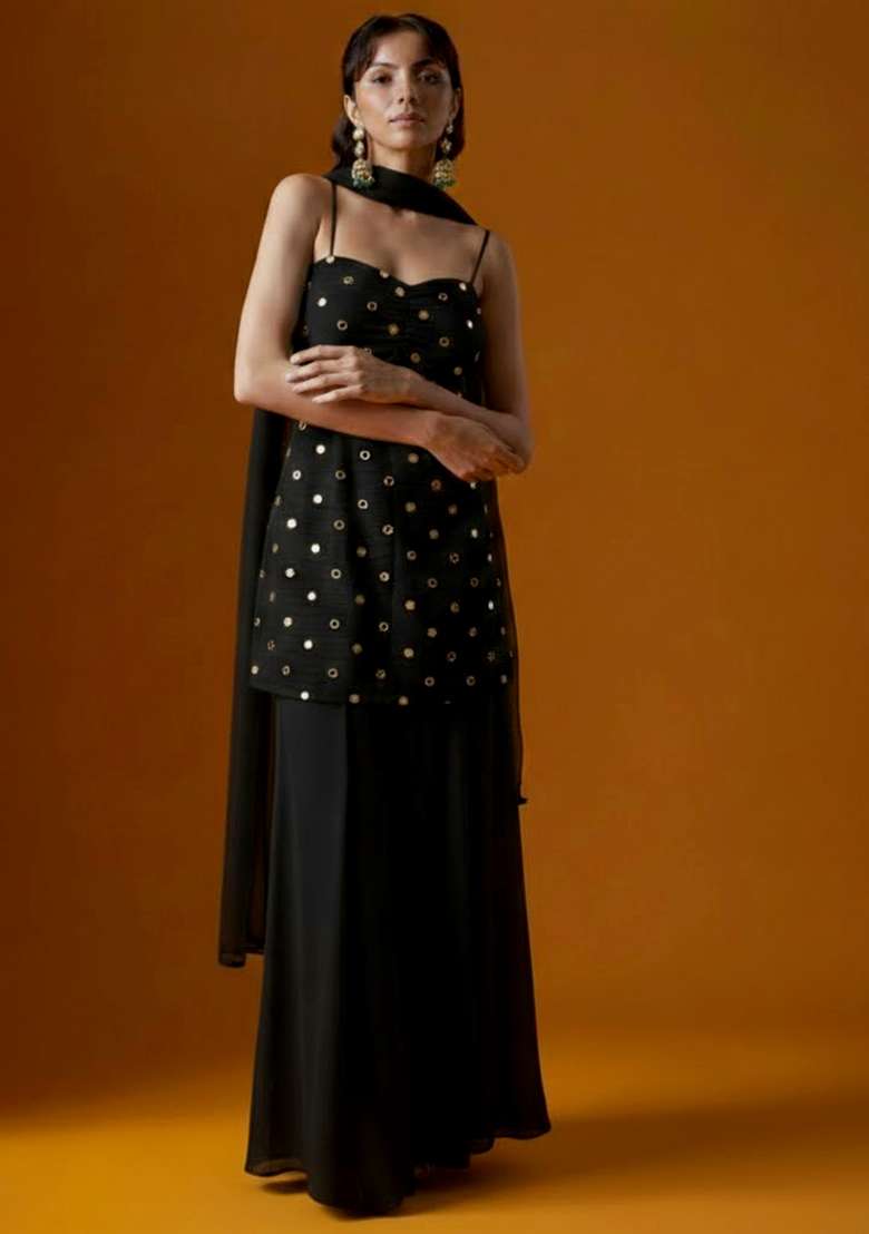Black Embroidered Crepe Sharara Set - Indya