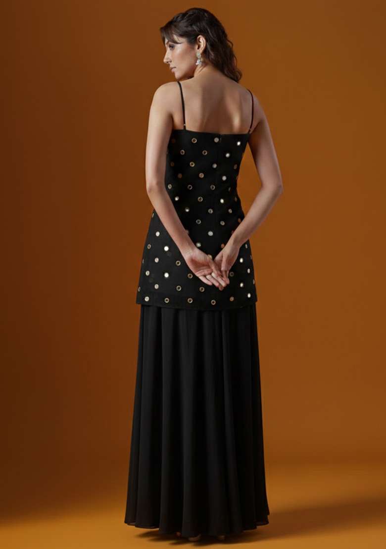 Black Embroidered Crepe Sharara Set - Indya