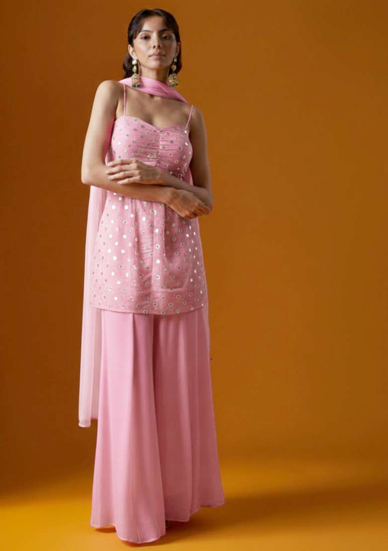 Pink Embroidered Crepe Sharara Set - Indya