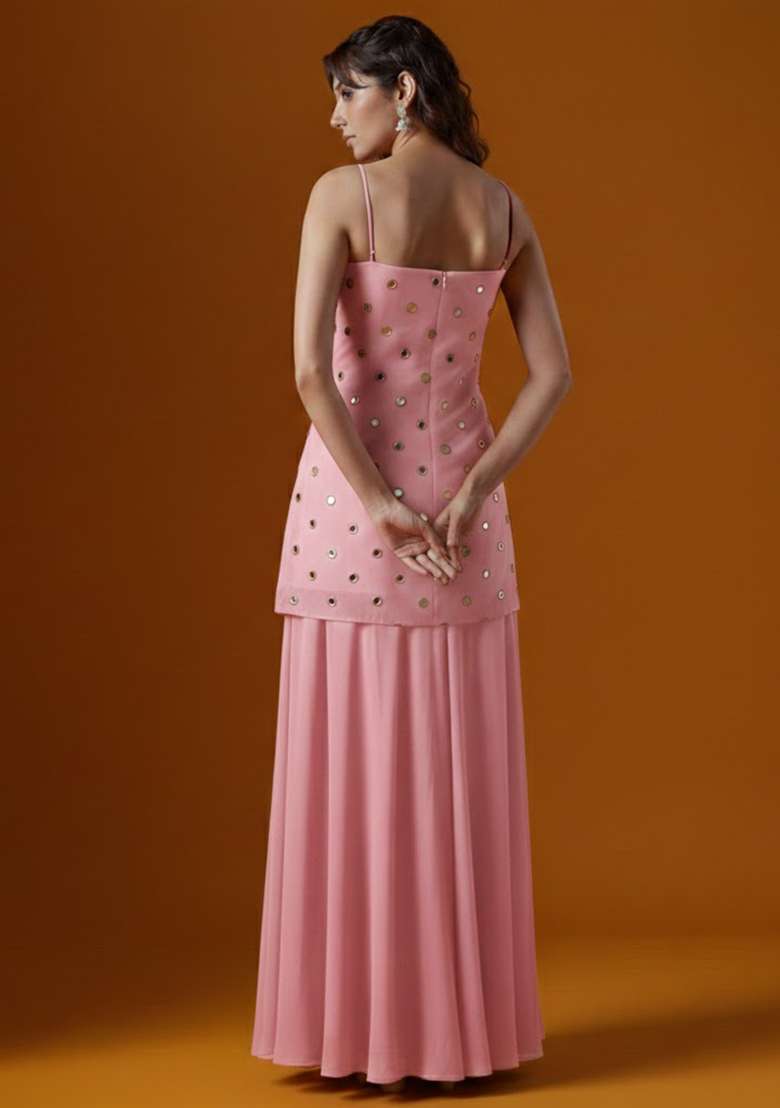 Pink Embroidered Crepe Sharara Set - Indya