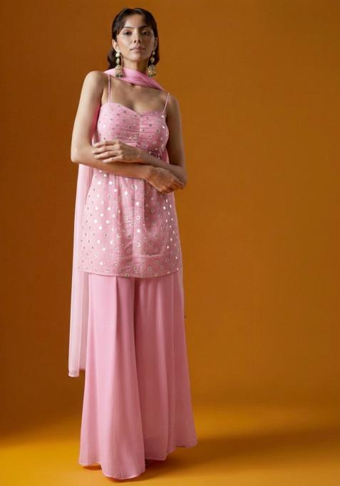 Pink Embroidered Crepe Sharara Set