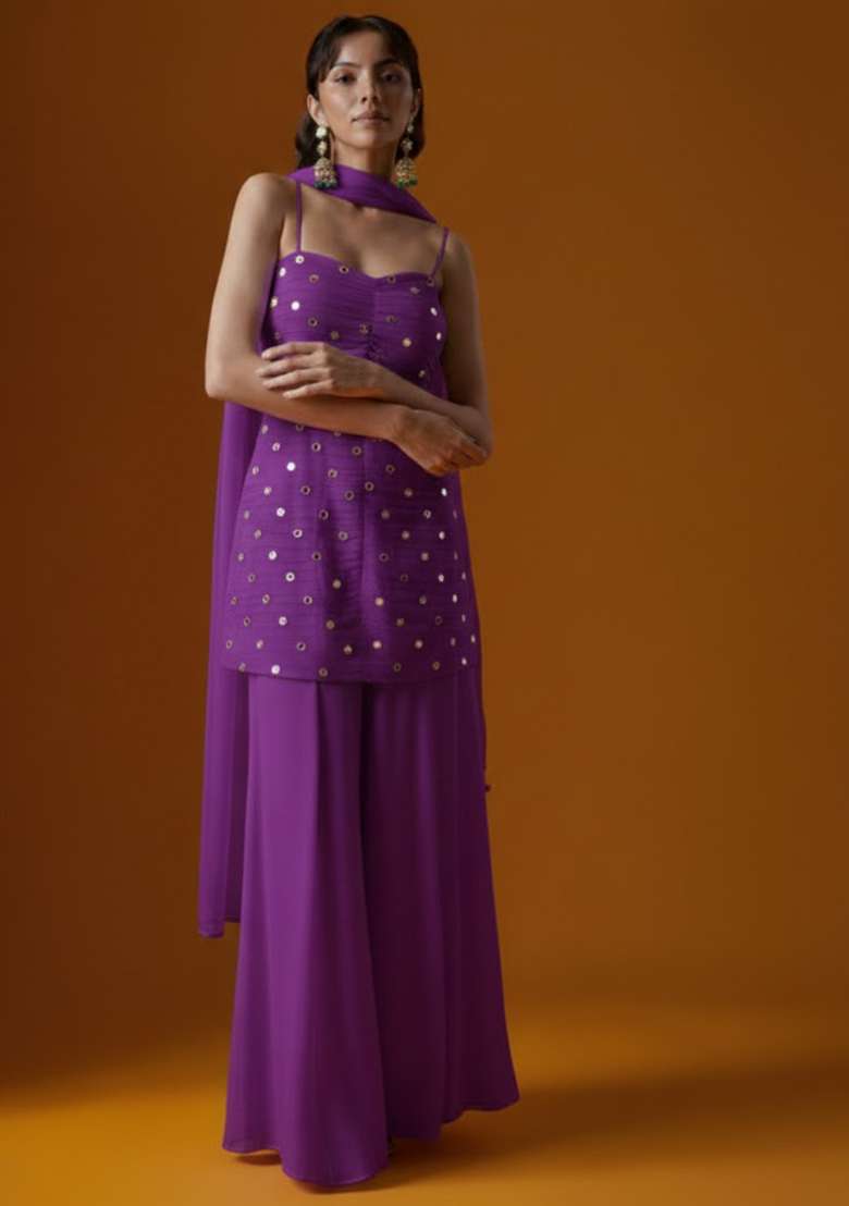 Purple Embroidered Crepe Sharara Set - Indya