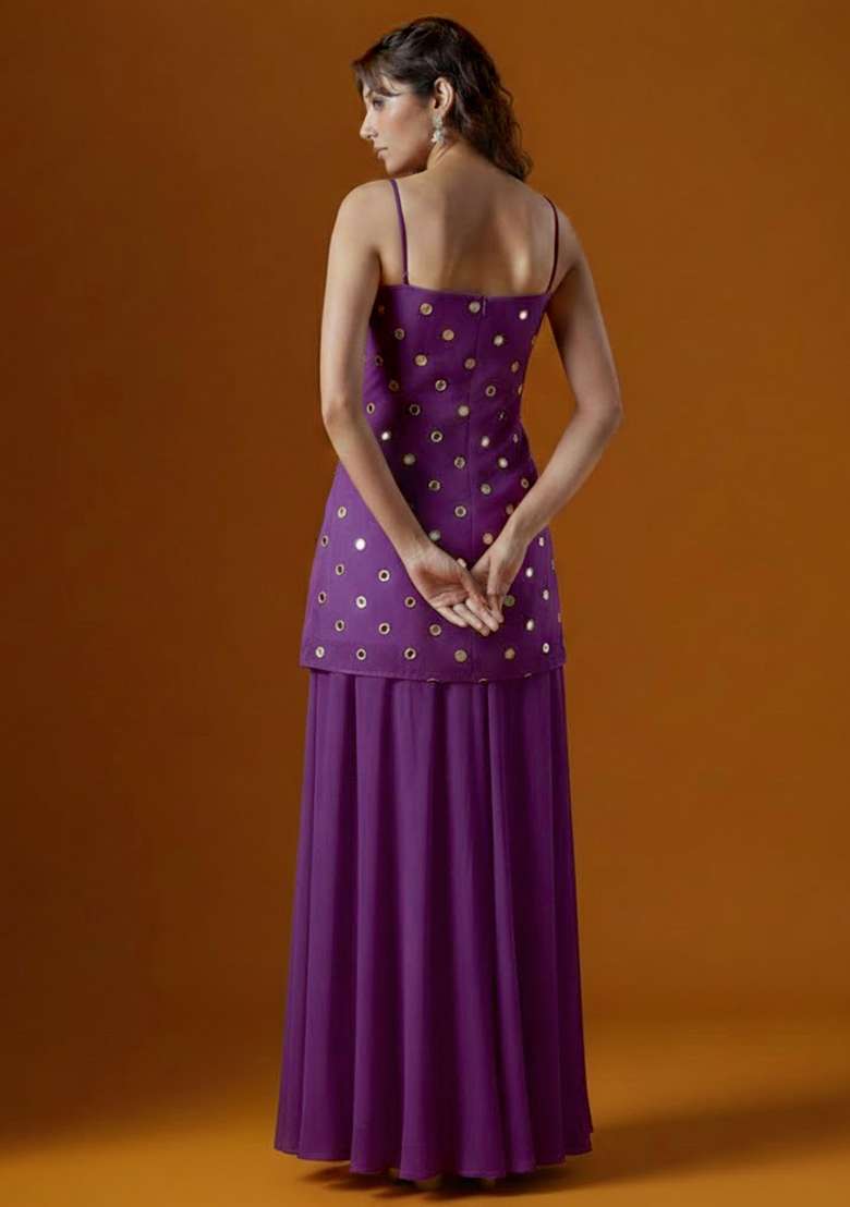 Purple Embroidered Crepe Sharara Set - Indya