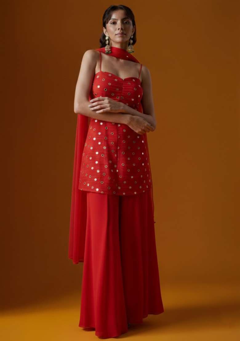 Red Embroidered Crepe Sharara Set - Indya