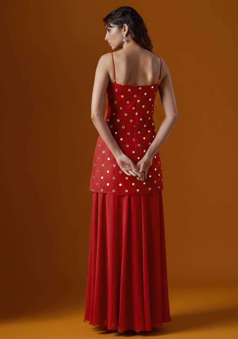 Red Embroidered Crepe Sharara Set - Indya