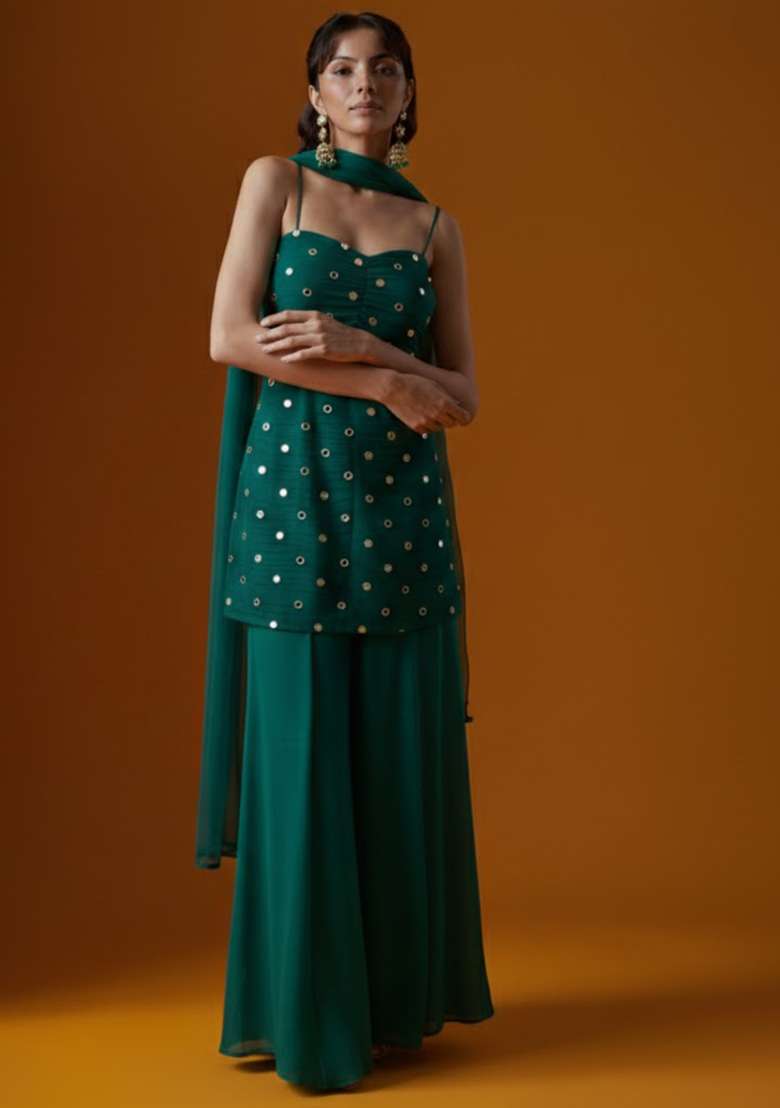 Teal Embroidered Crepe Sharara Set - Indya