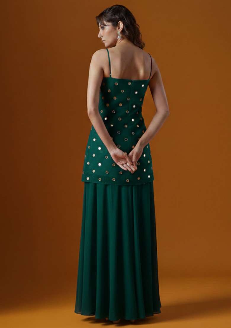 Teal Embroidered Crepe Sharara Set - Indya