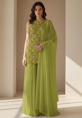 Lime Green Embroidered Crepe Sharara Set