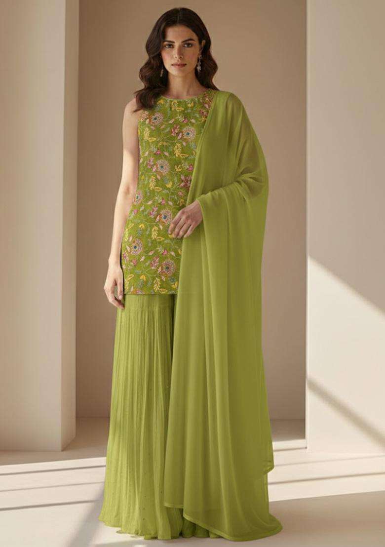 Lime Green Embroidered Crepe Sharara Set - Indya
