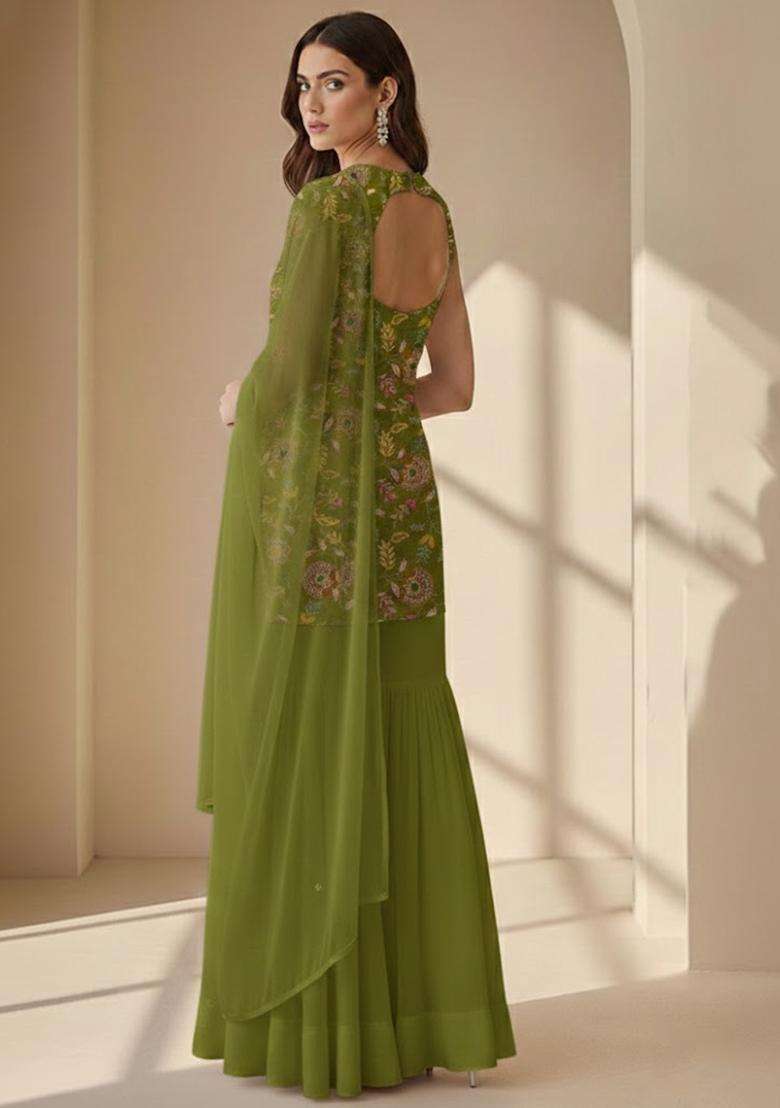 Lime Green Embroidered Crepe Sharara Set - Indya