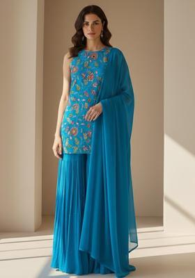 Aqua Blue Embroidered Crepe Sharara Set