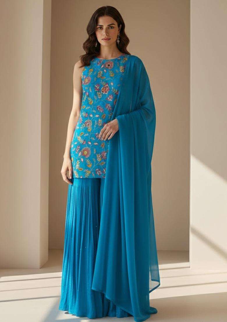 Aqua Blue Embroidered Crepe Sharara Set - Indya