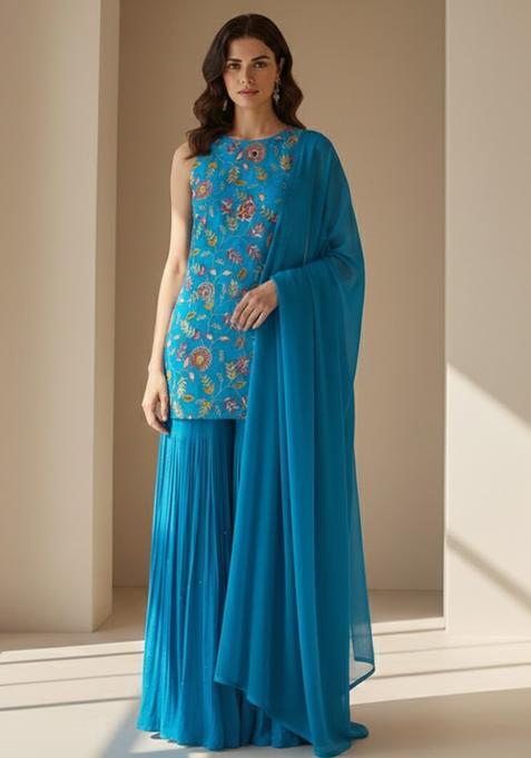 Aqua Blue Embroidered Crepe Sharara Set
