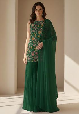 Green Embroidered Crepe Sharara Set