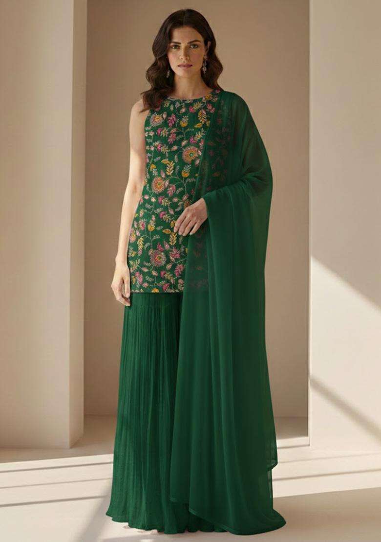 Green Embroidered Crepe Sharara Set - Indya