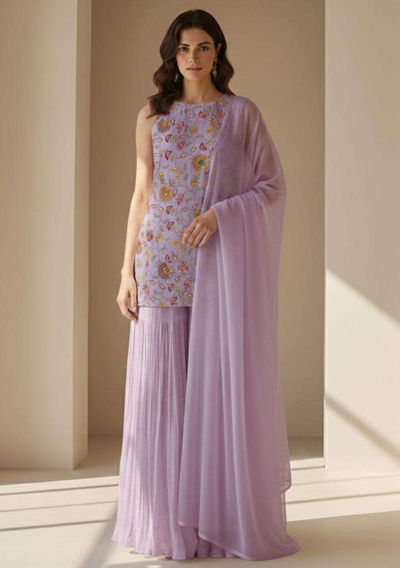 Lavender Embroidered Crepe Sharara Set - Indya