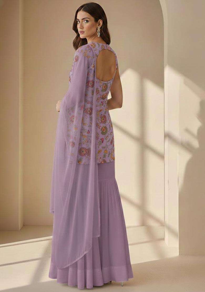 Lavender Embroidered Crepe Sharara Set - Indya