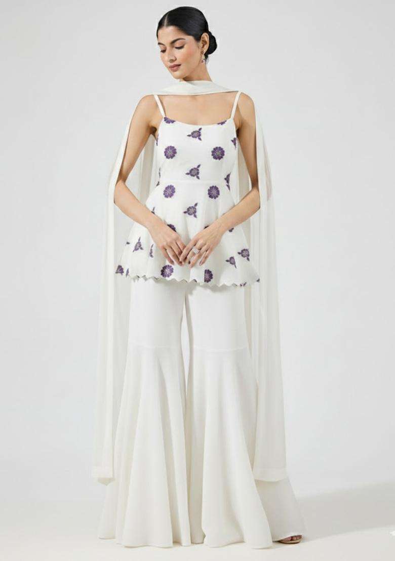Ivory Embroidered Crepe Sharara Set - Indya