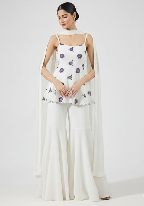 Ivory Embroidered Crepe Sharara Set