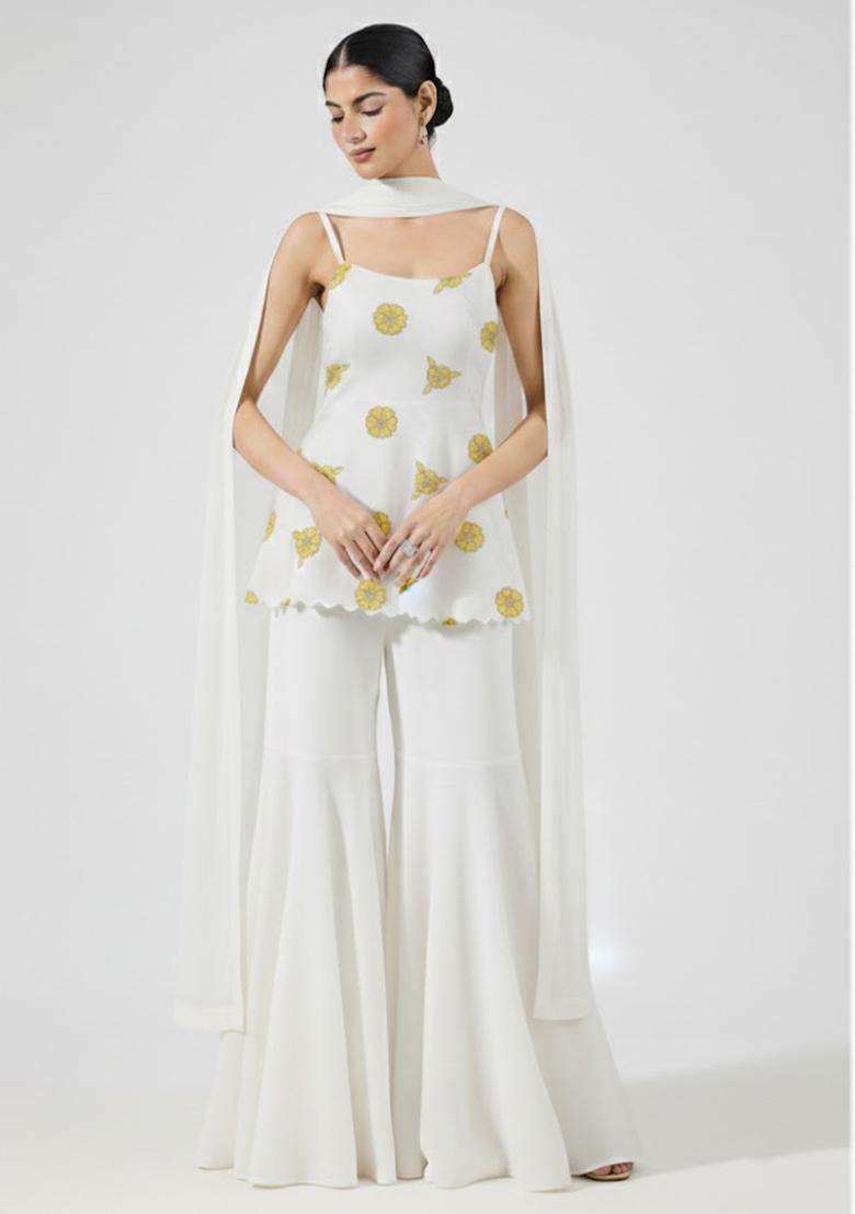 Ivory Embroidered Crepe Sharara Set - Indya