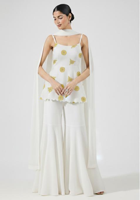 Ivory Embroidered Crepe Sharara Set