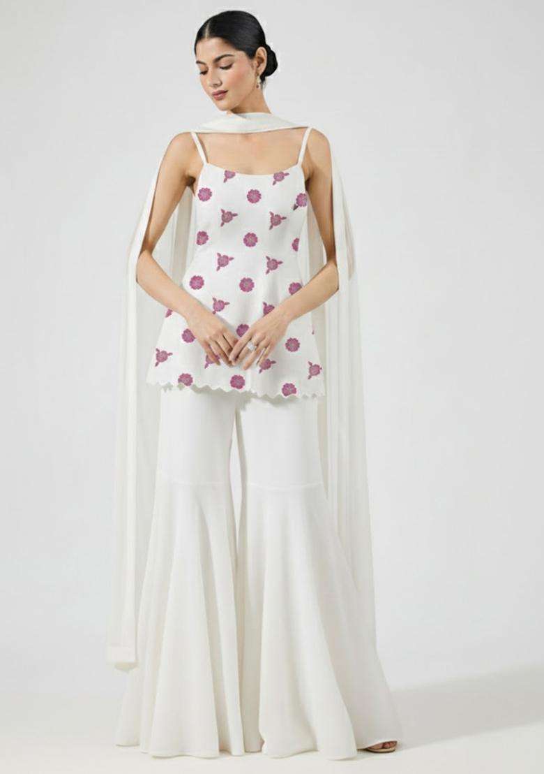 Ivory Embroidered Crepe Sharara Set - Indya