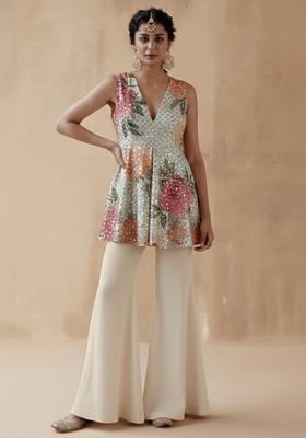 Ivory Embroidered Crepe Fusion Set
