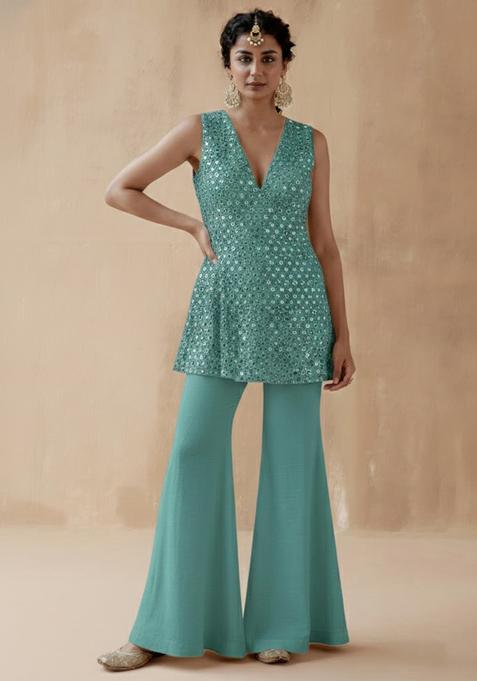 Teal Green Mirror Georgette Fusion Set