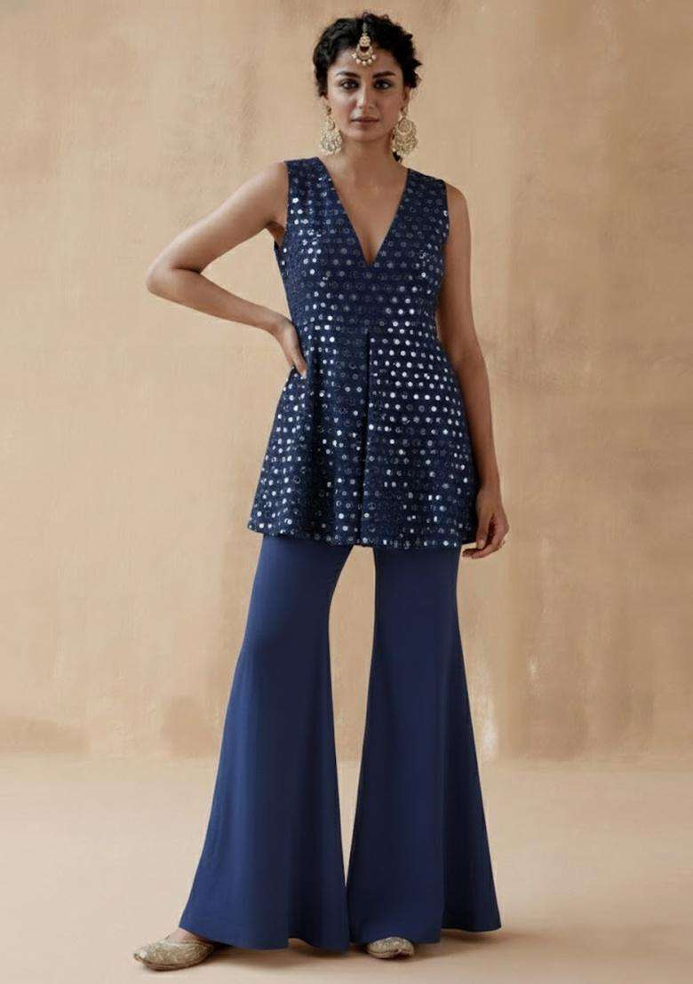 Navy Blue Mirror Georgette Fusion Set - Indya