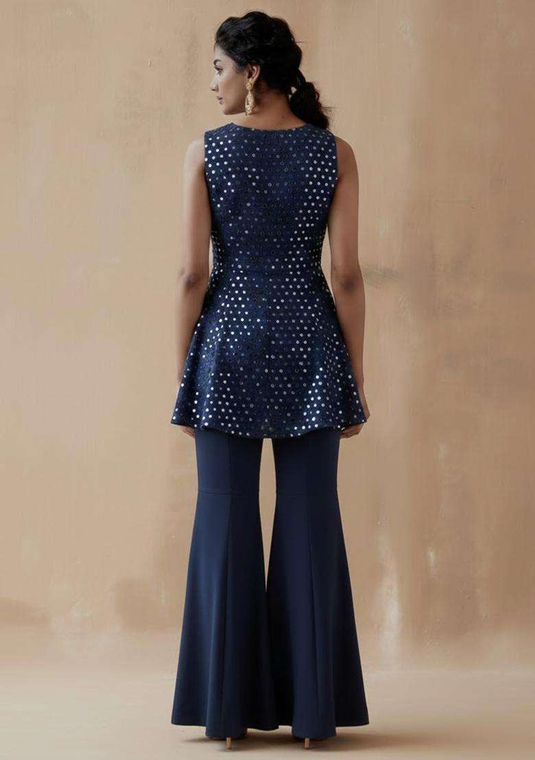 Navy Blue Mirror Georgette Fusion Set - Indya