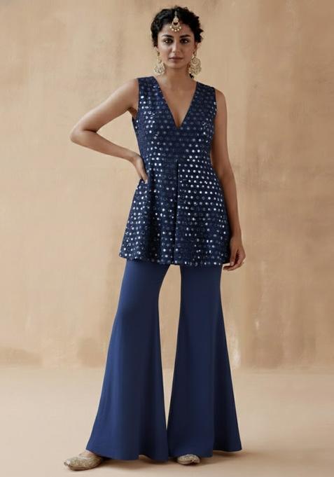 Navy Blue Mirror Georgette Fusion Set