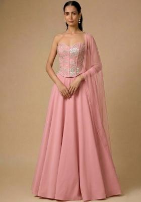 Pink Embroidered Tissue Lehenga Set