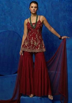 Red Embellished Crepe Sharara Set