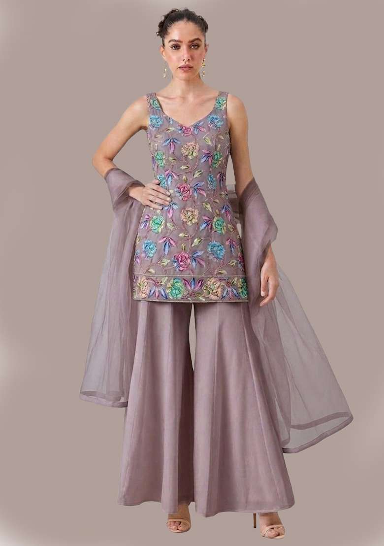 Mauve Sequin Crepe Sharara Set - Indya