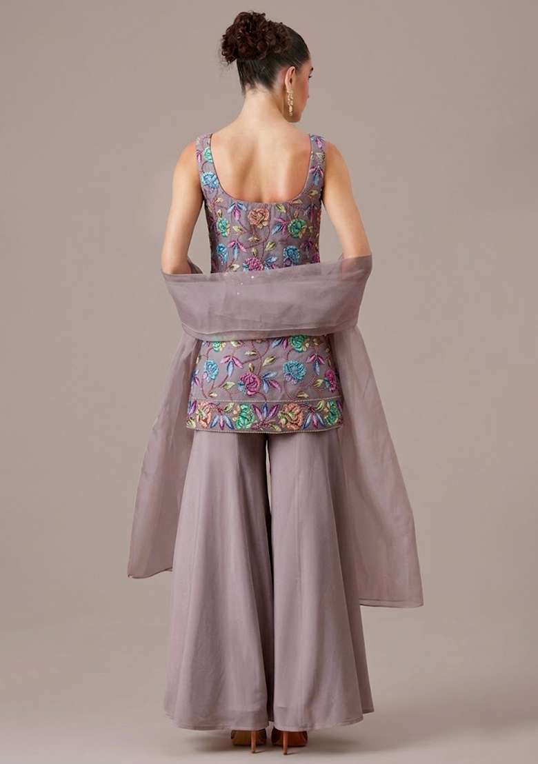 Mauve Sequin Crepe Sharara Set - Indya