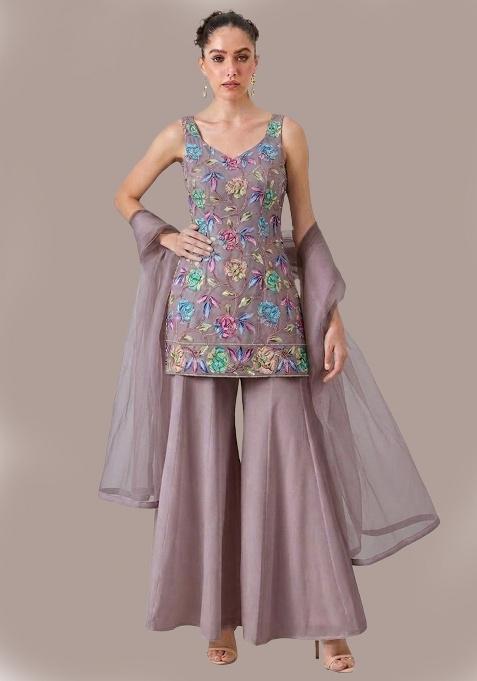 Mauve Sequin Crepe Sharara Set