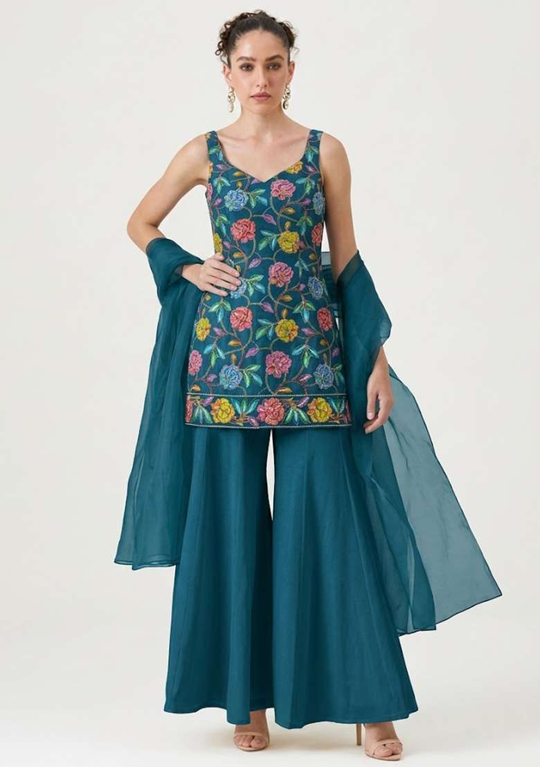 Teal Blue Sequin Crepe Sharara Set - Indya