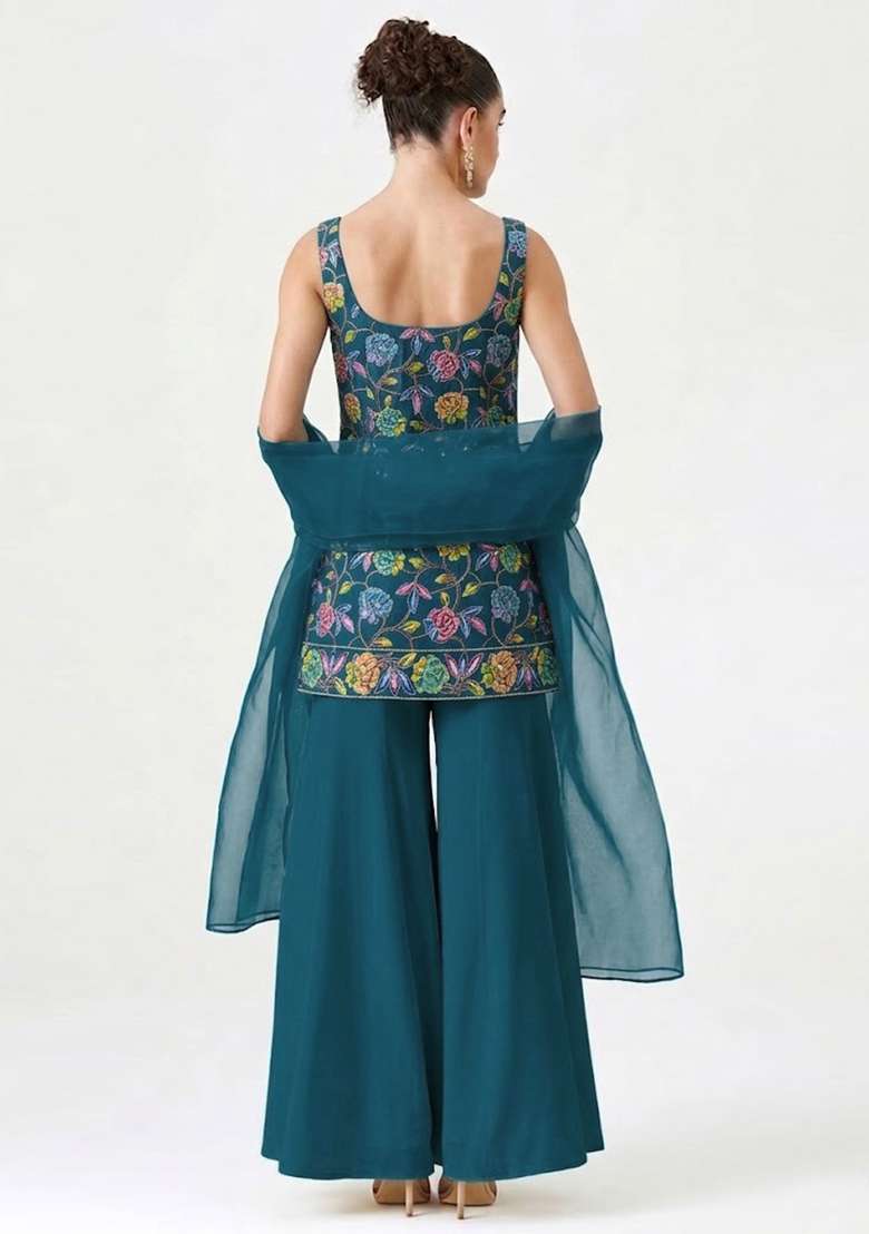 Teal Blue Sequin Crepe Sharara Set - Indya