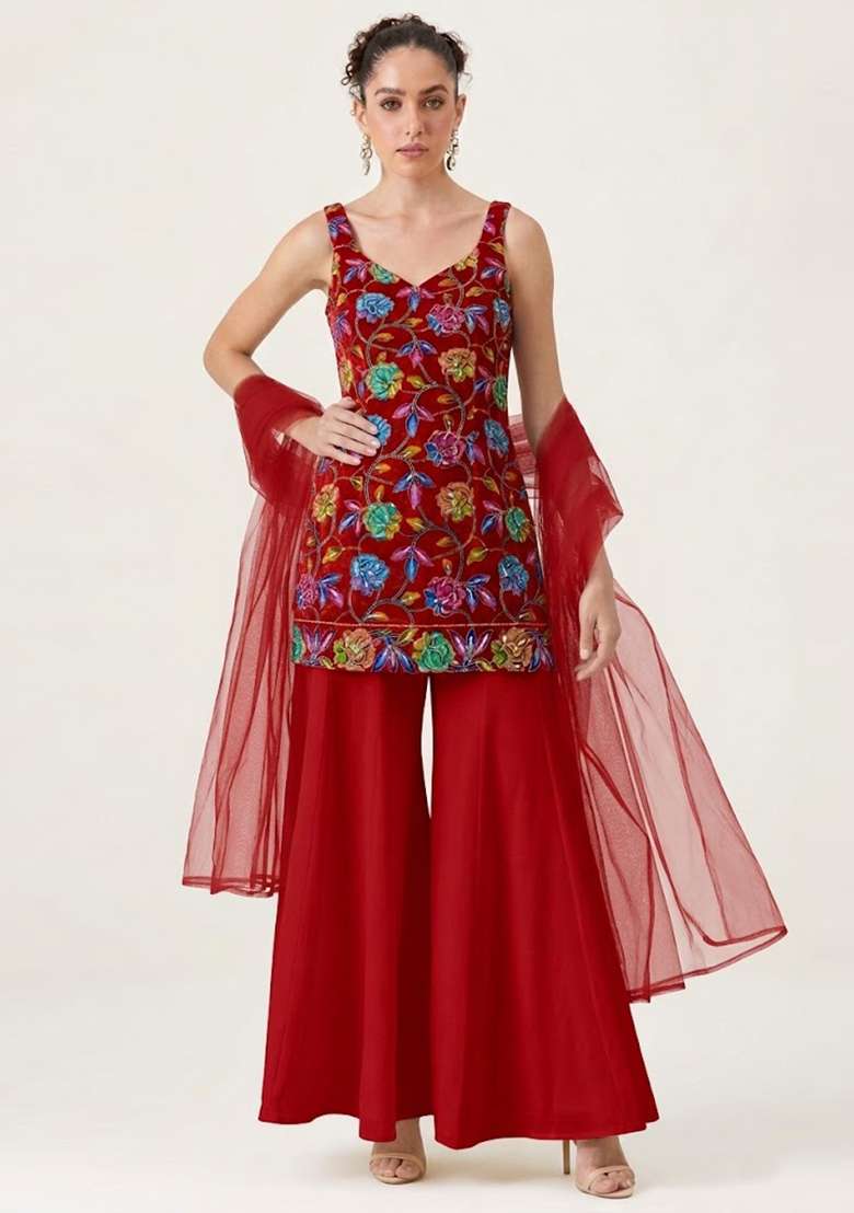 Red Sequin Crepe Sharara Set - Indya