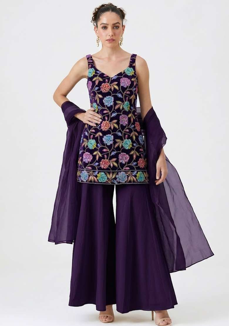 Royal Blue Sequin Crepe Sharara Set - Indya