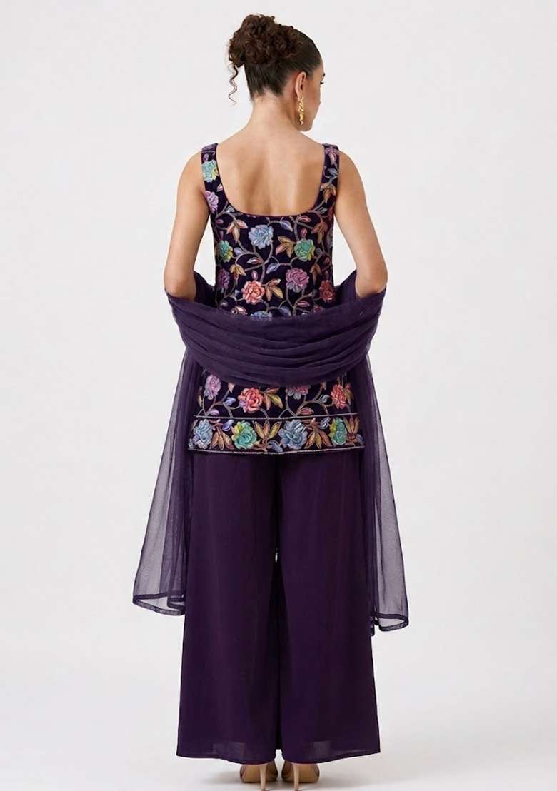 Royal Blue Sequin Crepe Sharara Set - Indya