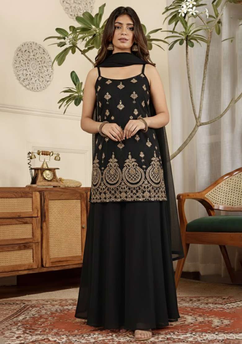 Black Embroidered Crepe Sharara Set - Indya
