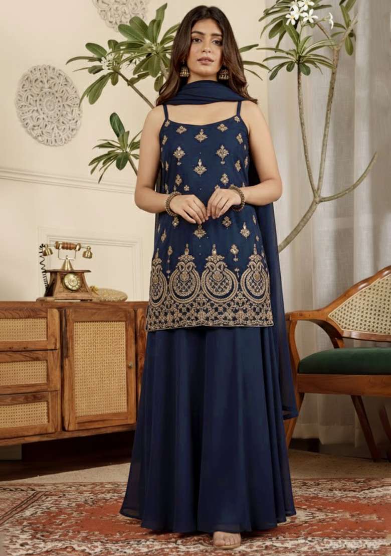 Blue Embroidered Crepe Sharara Set - Indya