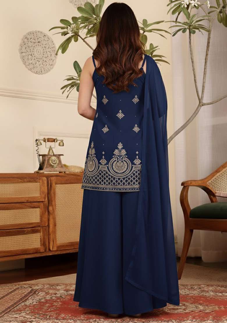 Blue Embroidered Crepe Sharara Set - Indya