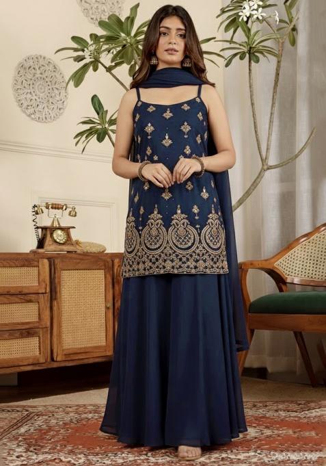 Blue Embroidered Crepe Sharara Set
