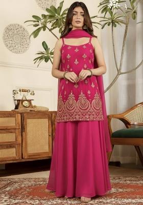 Pink Embroidered Crepe Sharara Set