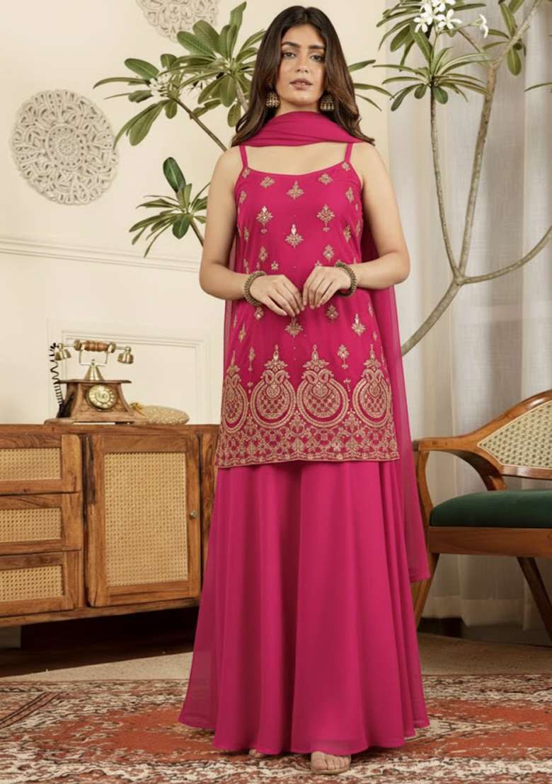 Pink Embroidered Crepe Sharara Set - Indya