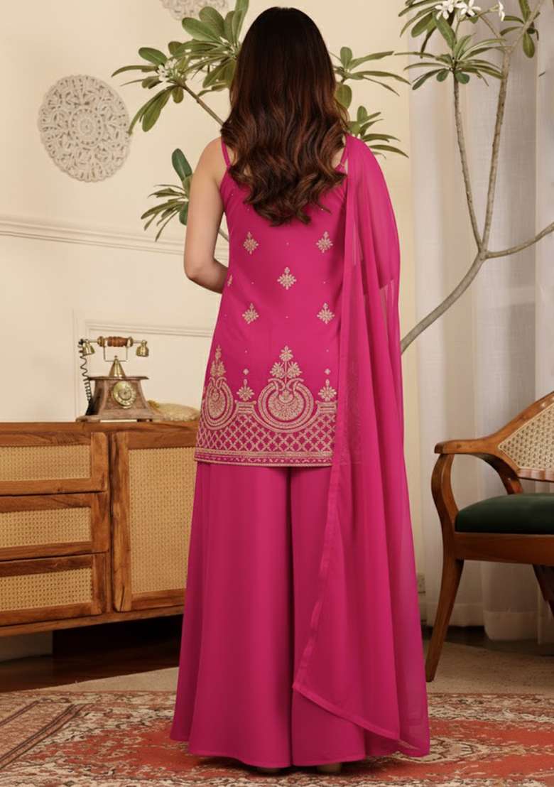 Pink Embroidered Crepe Sharara Set - Indya