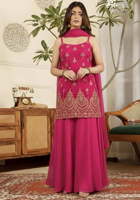 Pink Embroidered Crepe Sharara Set