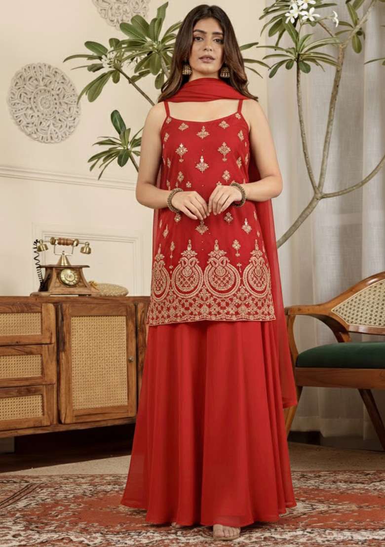Red Embroidered Crepe Sharara Set - Indya